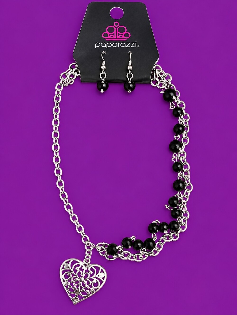 5/$25 PAPARAZZI Assymetric Black Beaded Heart Pendant Necklace Earrings Set